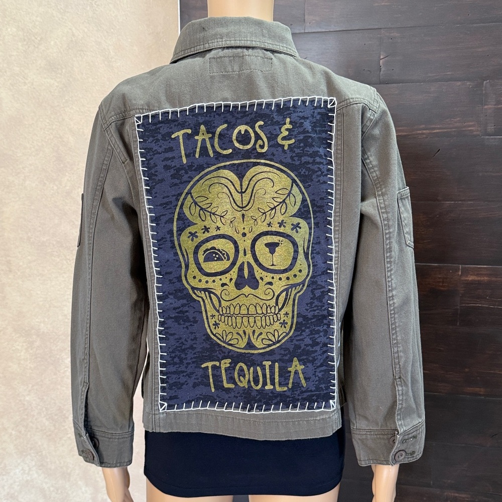 Upcycled Baleno Taco's&Tequila Khaki Jacket Size S/M